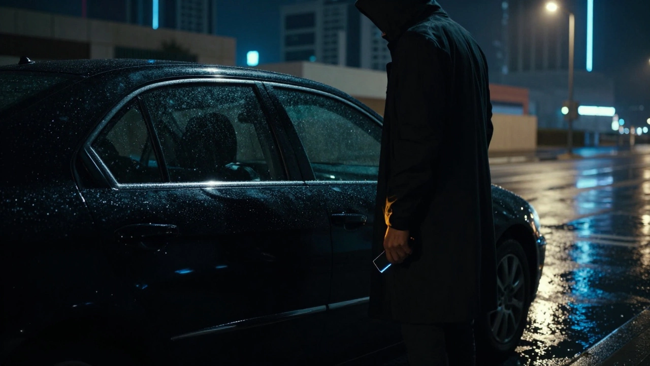 A shadowy figure near a parked car in Al Barsha, holding a burner phone under a streetlamp.