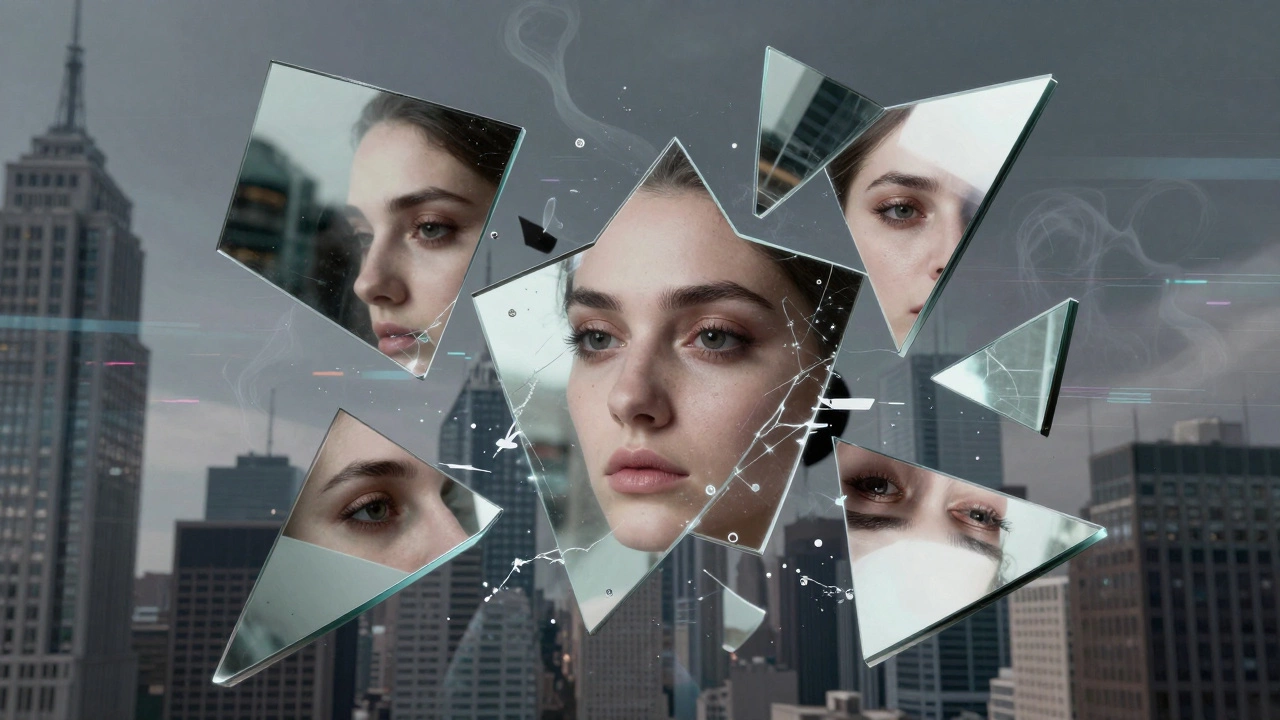 Floating mirrors reflecting women&#039;s eyes, surrounded by digital glitches and Dubai&#039;s skyline.